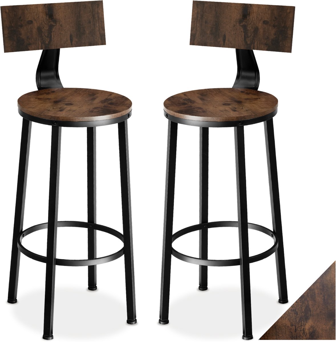 Tectake Barkruk - Ronde Bistrokruk - Set van 2 - Barkrukken - Vintage Barstoel met Voetsteun en Rugleuning - Zitting van MDF-hout - Industrieel design - Draagkracht kruk 120 kg - Afmeting 46,5 x 104 cm - Barstoelen - Eetkamerstoelen - Donkerbruin