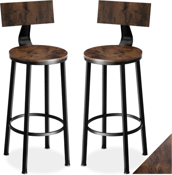 tectake® Barkruk - Ronde Bistrokruk - Set van 2 - Barkrukken - Vintage Barstoel met Voetsteun en Rugleuning - Zitting van MDF-hout - Industrieel design - Draagkracht kruk 120 kg - Afmeting 46,5 x 104 cm - Barstoelen - Eetkamerstoelen - Donkerbruin