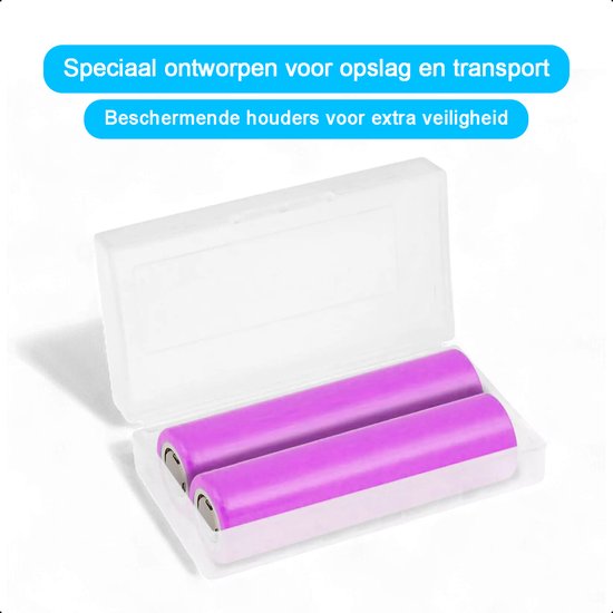 Twee paarse 18650 batterijen in een doorzichtige bewaarbox. Speciaal ontworpen voor opslag en transport.