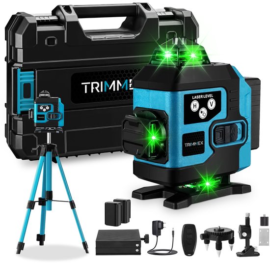 Trimmex® Kruislijnlaser + Statief - 16 Zelfnivellerend Bouwlaser - Inclusief Opbergtas - 360° - Lijnlasers - Laser Waterpas - Inclusief accessoires - 2 accu's
