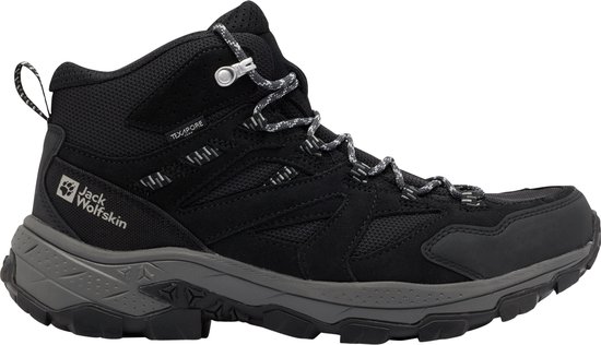 Botte de randonnée Jack Wolfskin noire avec semelle et lacets gris. Marque TEXAPORE visible.