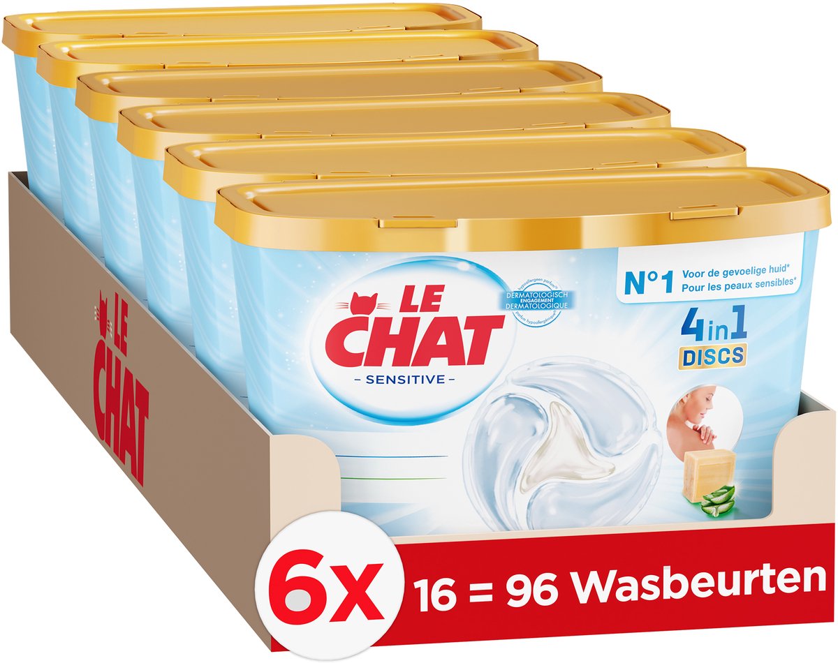 Goedkoopste Le Chat Discs Sensitive - Wascapsules - Tegen Hardnekkige Vlekken - Voor Schitterende Witten en Kleuren - Voordeelverpakking - 6 x 16 Wasbeurten