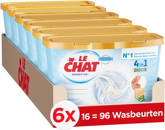 Le Chat Discs Sensitive - Wascapsules - Tegen Hardnekkige Vlekken - Voor Schitterende Witten en Kleuren - Voordeelverpakking - 6 x 16 Wasbeurten
