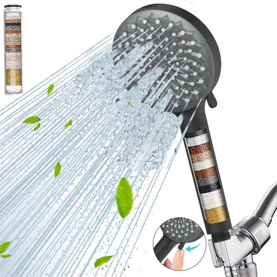 BOTC Douchekop met Hoge druk en Filter - Model: T018 - douchekop regendouche - 7 Sproeistanden - Waterbesparende - Zwart