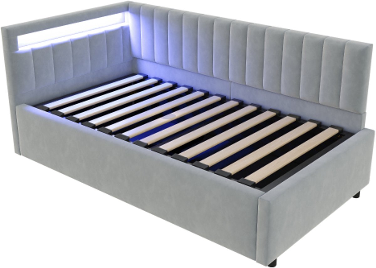 Gestoffeerde slaapbank 90x200, met ledverlichting en hydraulische opbergruimte, zijhoofdbo