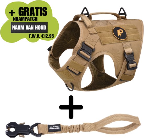 Harnais pour chien marron avec velcro, boucles métalliques et deux poignées, avec un patch de nom gratuit et une laisse courte marron.