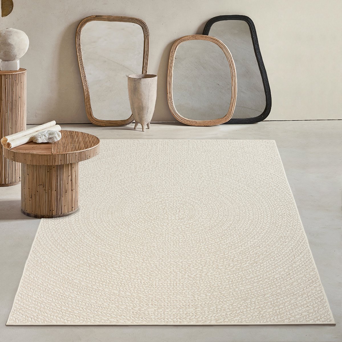 Mia’s Teppiche Soil – robuust in- & outdoor vloerkleed met natuurlijk cirkelpatroon, weatherproof & UV-bestendig, crème cirkel 240 x 340 cm