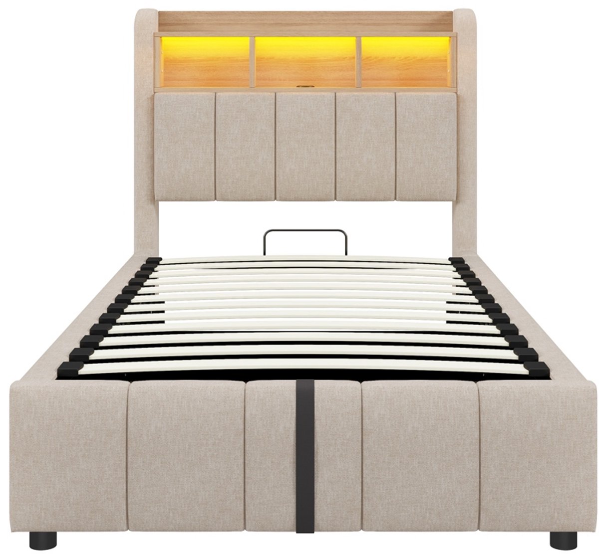 PugsdrlyGestoffeerd bed 90*200 cm met ledverlichting en USB-aansluiting, hoofdeinde met opbergvlakken en opbergruimte, met hydraulische opbergruimte, eenpersoonsbed voor kinderen, beige linnen — cadeau in Cadeau-ideeën - foto 2