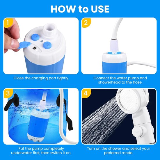 Camping Douche - 5000 mAh - Oplaadbare Mobiele Douche - Buitendouche - Campingdouche - Reisdouche - Tuindouche - Draagbare Douche - Mobiele Douche - Oplaadbare Accu - Met Multifunctionele douchebak - Voor camper, reizen, autowassen, huisdieren van Camping — afbeelding 3