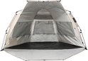 Lichtbruine koepeltent van voren gezien met open voorkant, ventilatie en opbergvakken.