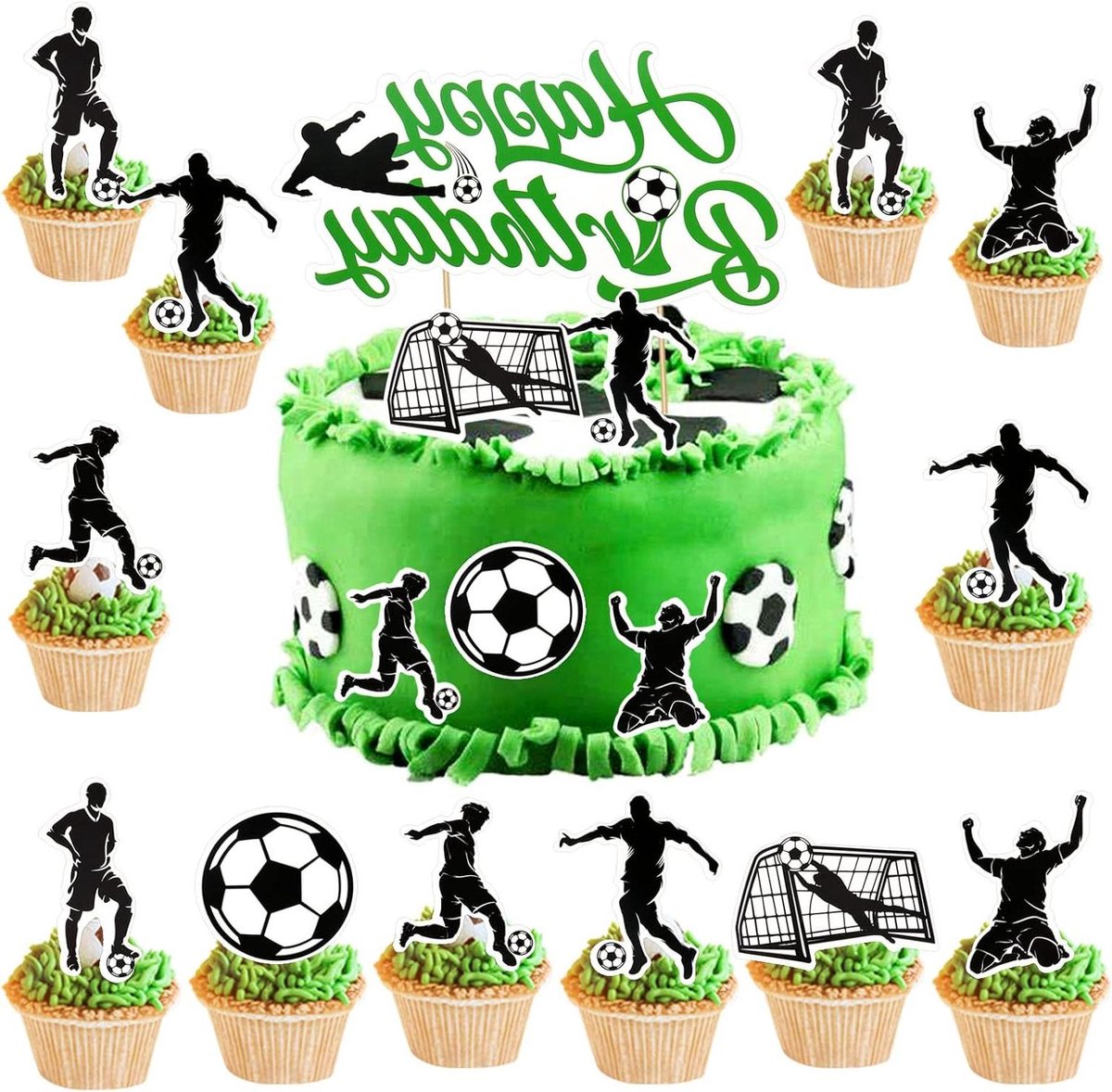 Allecto Plus - Voetbaltaartdecoratie set 25 stuks voor Happy Birthday en verjaardag van kinderen - Voetbal taarttopper en cupcake-topper voor sportieve voetbal decoratie - Jongens en meisjes thema festa.