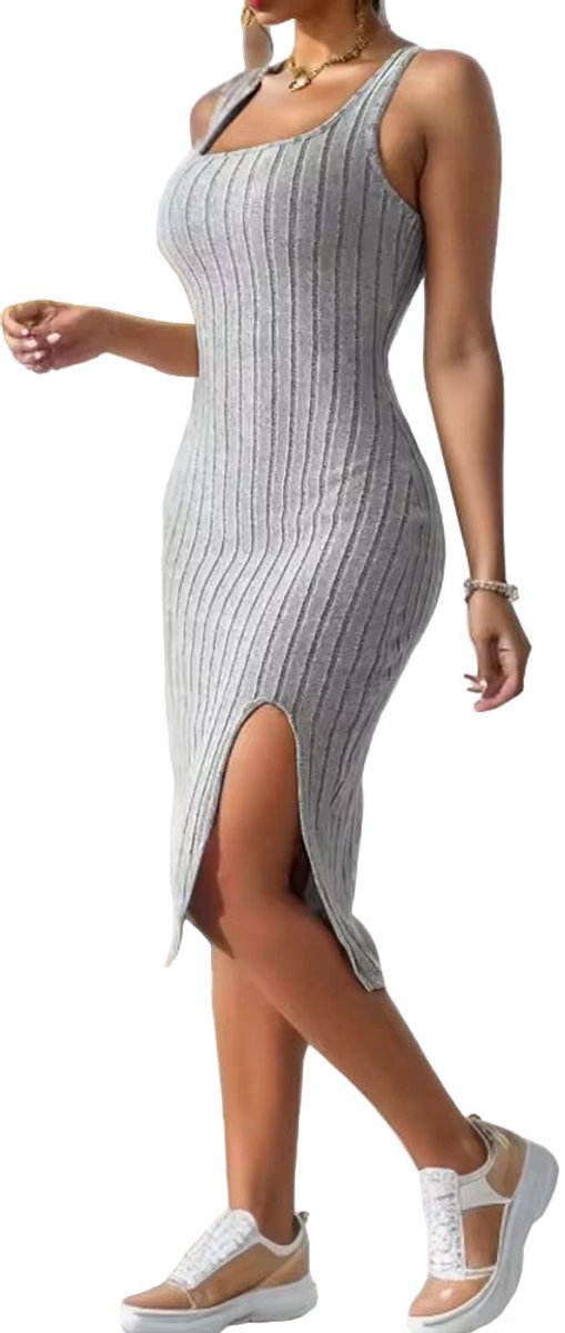 Zomerse jurk met V-split - Mode - Casual - Grijs - Lang model - Aansluitend