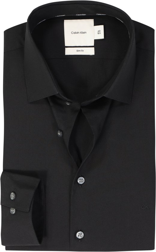 Calvin Klein slim fit overhemd - popeline - zwart - Strijkvriendelijk - Boordmaat: 41