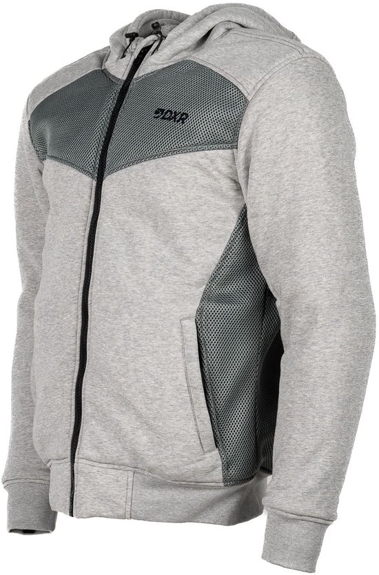 Sweat à capuche gris zippé, avec empiècements en mesh diagonaux sur la poitrine et les côtés, et logo DXR sur la poitrine gauche.