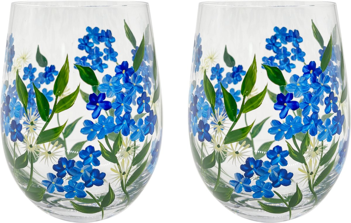 Livellara Milano Flora "Forgetmenot" een set van 2 tumbler/mocktail glazen 450ml - handbeschilderd met vergeetmenietjes