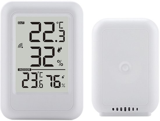 Foto: Weerstation hygrometer 9 9 60 luchtvochtigheidsmeter binnen en buiten draadloos met buitensensor thermometer binnen digitale binnen buiten thermometer hygrometer wit