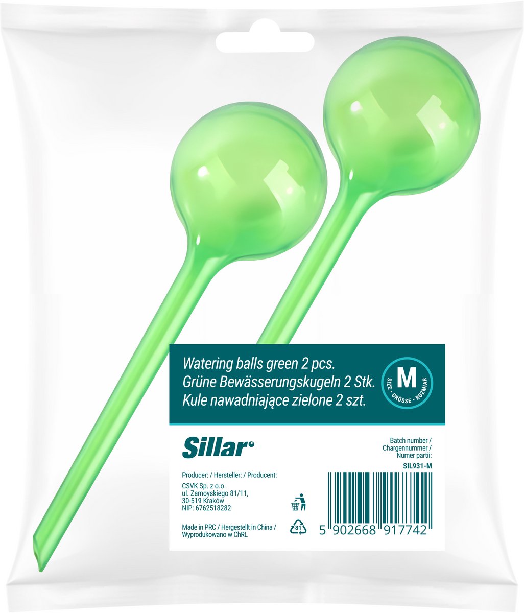 Sillar, waterdruppelaar voor planten, set 2 stuck, druppelsysteem, waterbol voor kamerplanten, 70ml, 12cm, M, groen