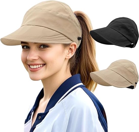 Chapeau de soleil pour femme, casquette de soleil, chapeau de soleil d'extérieur avec protection UV et dessus creux - Chapeau d'été à large bord réglable pour femme - Set de 2 (chapeau de soleil, masque facial en soie glacée) - Café