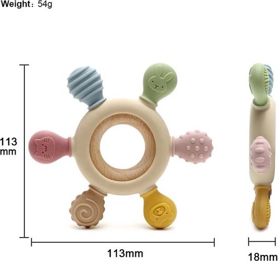 Gezicht op de gebroken witte bijtring en zijaanzicht met afmetingen. Gebroken witte ring met vijf gekleurde uiteinden en houten middenstuk.