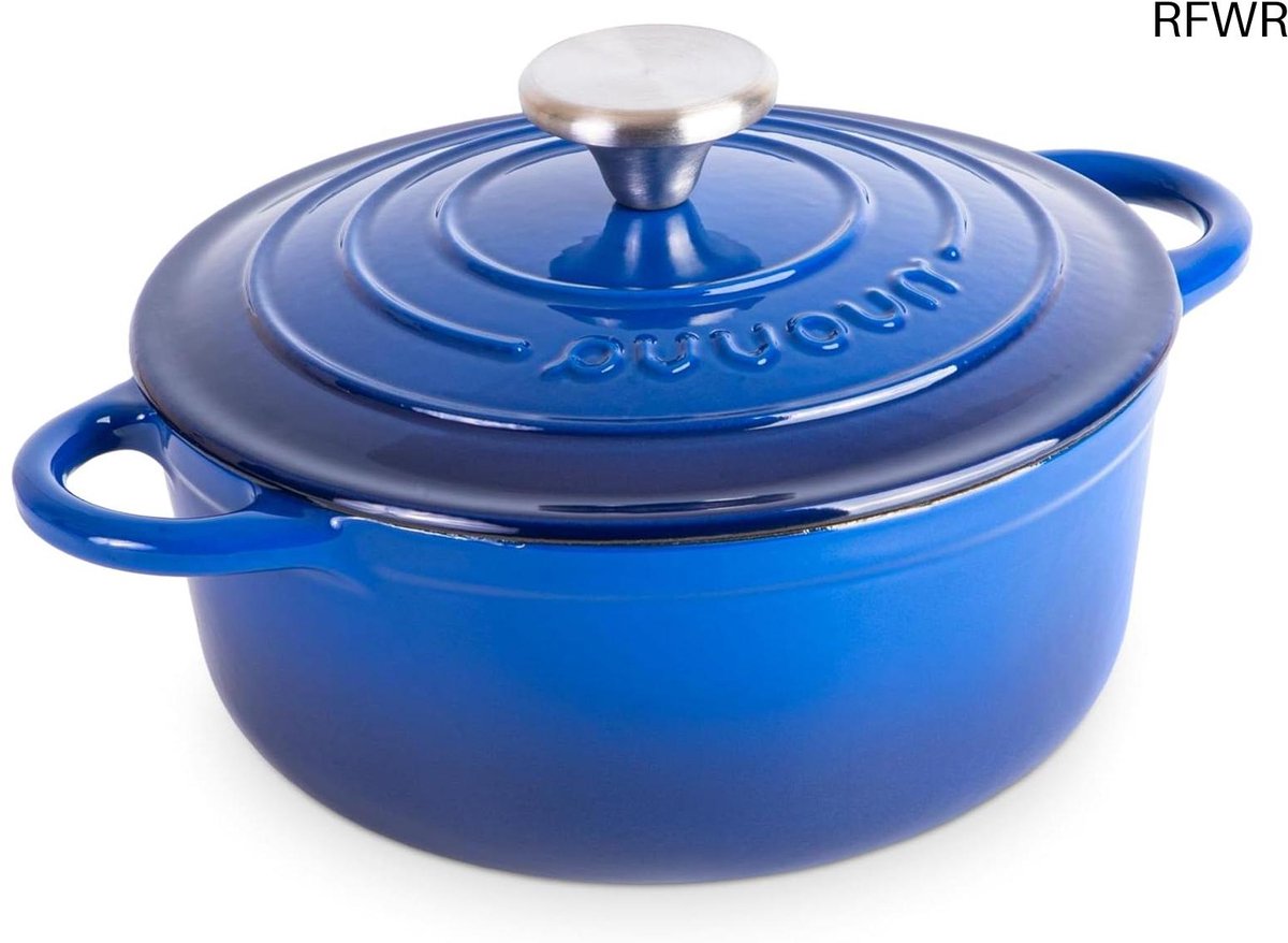 RFWR® Gietijzeren Pot met Deksel - Ovenbestendige Braadpan met Antiaanbaklaag - Duurzaam en Veelzijdig Kookgerei - Donkerblauw 2L