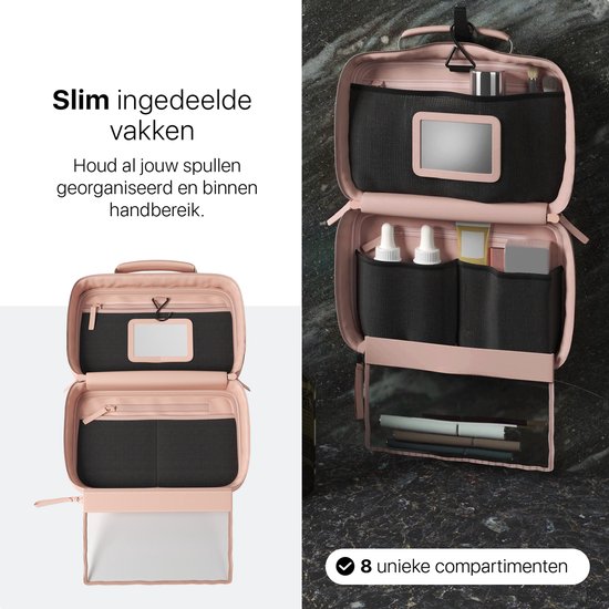 ONYX Trousse de Toilette Rose - Pochette à Maquillage - Organiseur de Cosmétiques - Agencement Intelligent - Miroir de Maquillage - Suspendable - Pour Femmes et Hommes - Taille : M