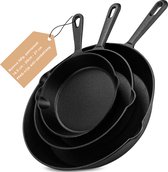 Nuovva - Gietijzeren pan - 3 Delig - Koekenpan / Cast Iron skillet (15cm-20cm-25cm) - geschikt voor alle warmtebronnen