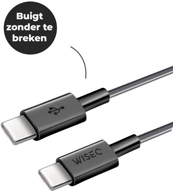 Zwarte USB-C naar USB-C kabel die buigt zonder te breken.