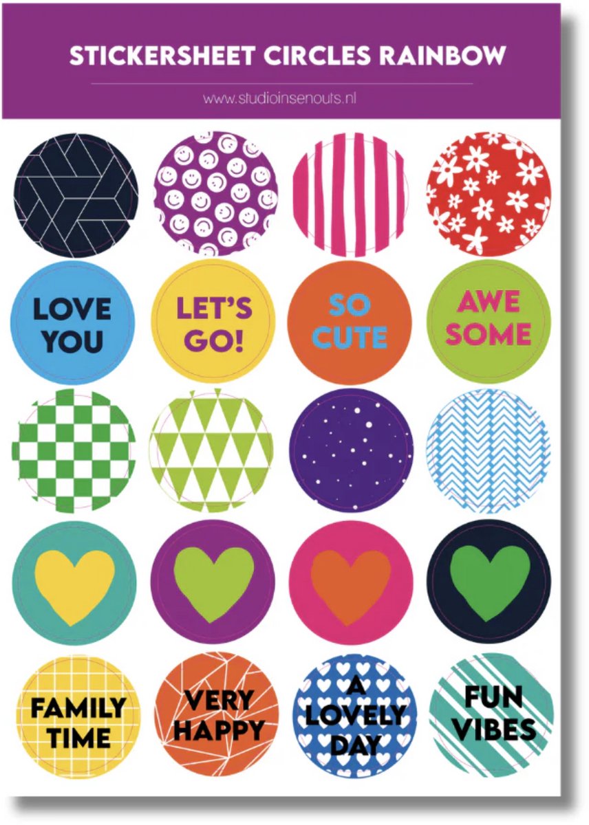 Studio Ins & Outs - Stickervel Cirkels Rainbow 2.0 - Rainbow Stickers - Tekst & Hartjes & Patronen - Harde Regenboog Kleuren - 20 Stickers