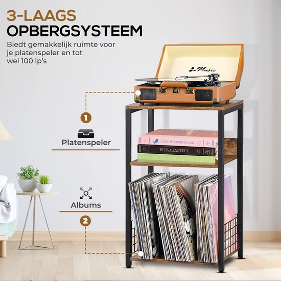 Bruin en zwart 3-laags opbergsysteem met platenspeler en drie vakken voor LP's.
