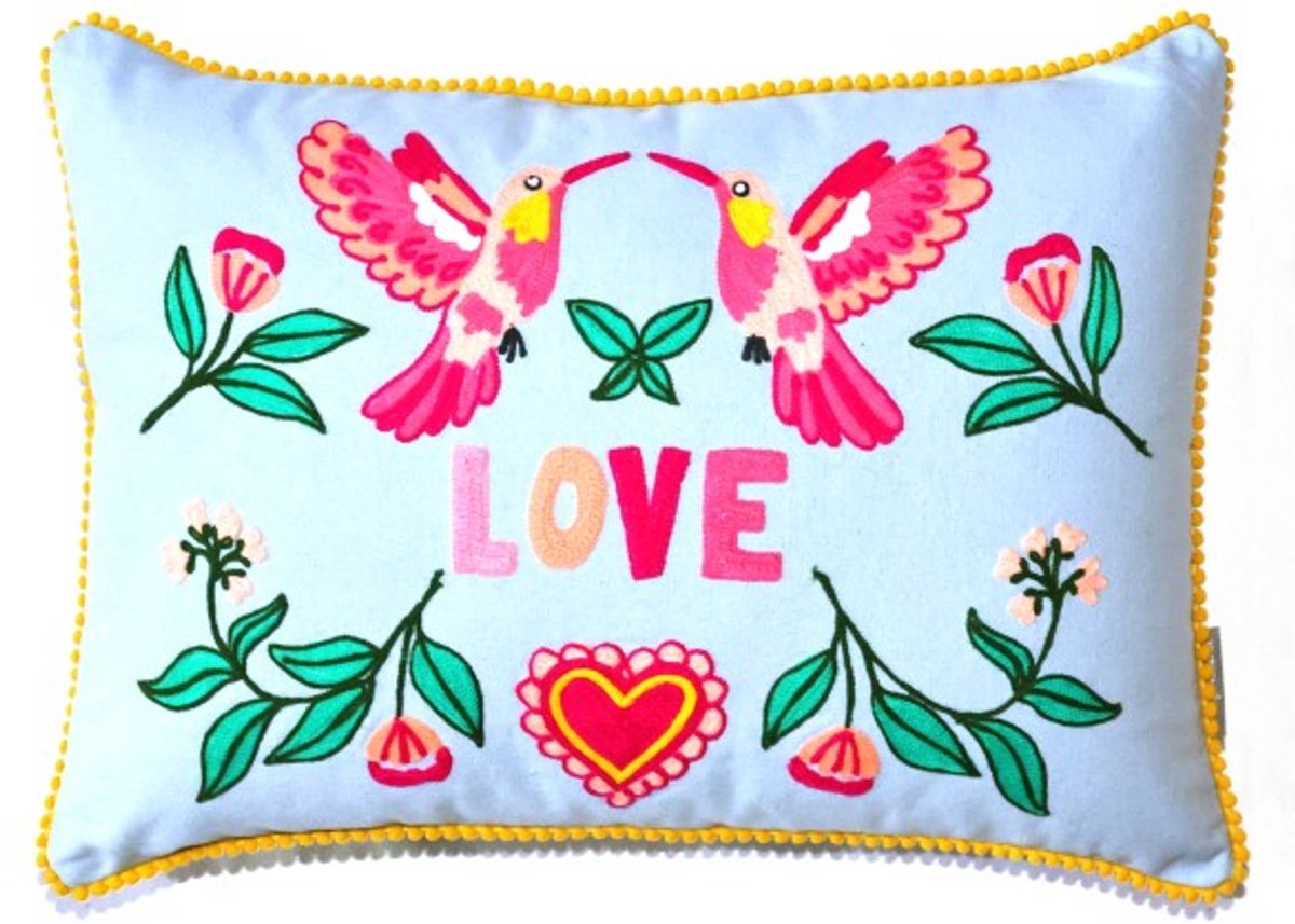 Only Natural sierkussen kussen katoen blauw met geborduurd Love en vogels 35 x 50 cm