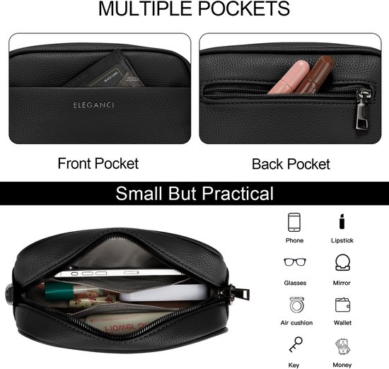 Zwarte Eleganci bumbag: praktisch met voor- en achtervak, en ruimte voor telefoon, sleutels en make-up.