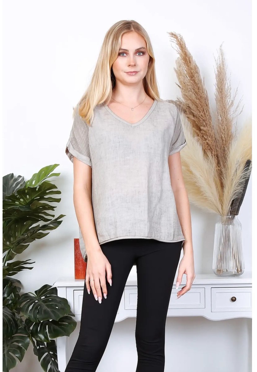 Linnen mix top met raglan korte mouwen - katoen met textuur - v-hals - kleur KAKI - maat 42/44