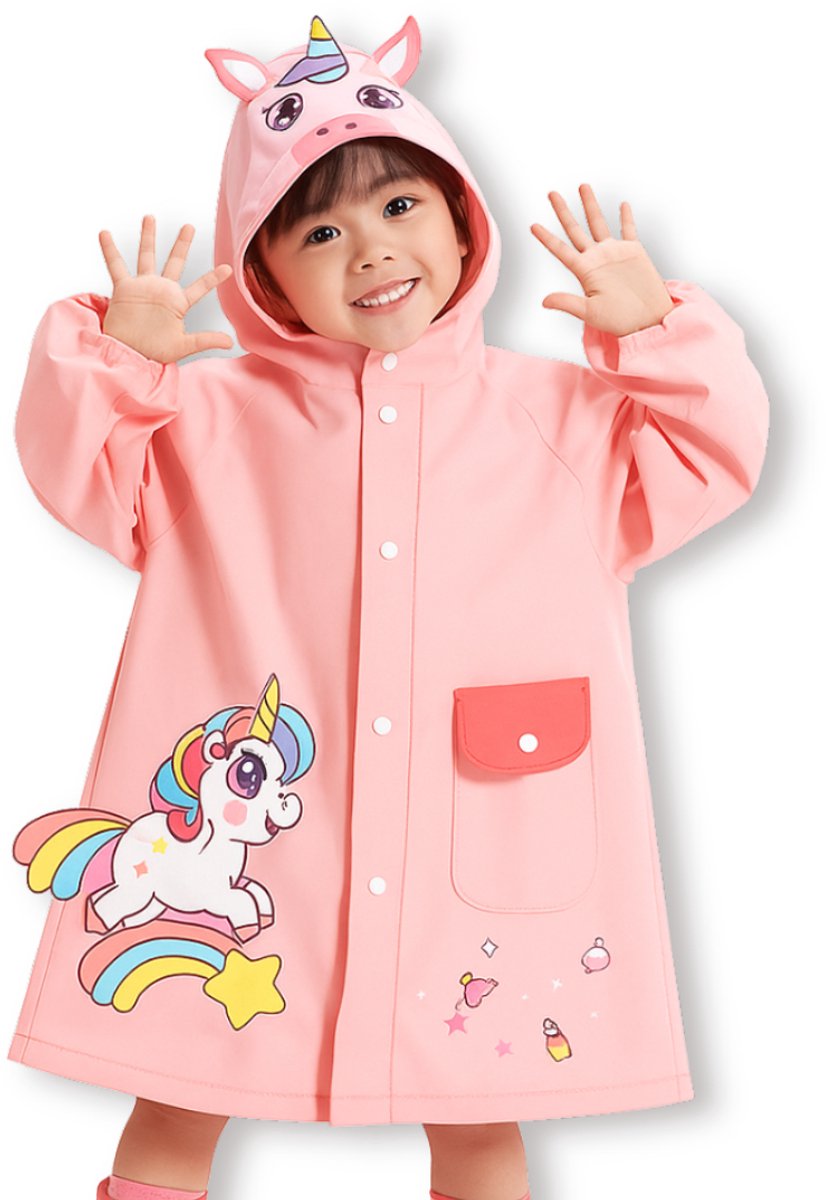 BoefieBoef Roze Kinder Regenjas Unicorn – 4 tot 8 jaar – Kleuter RegenPoncho – Premium EVA Waterdicht – Regenmantel - Regen Winter School Buitenspelen – Knutseljas – Cadeau Tip voor Meisjes & Jongens – lengte 105-125 cm - Eenhoorn