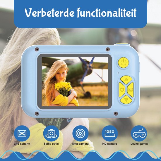 Blauwe digitale camera met scherm waarop een meisje met gele bloemen staat. Tekst: 'Verbeterde functionaliteit'.