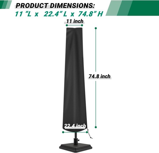 Afmetingen van de zwarte parasolhoes: 74.8 inch hoog, 11 inch breed en 22.4 inch diep.