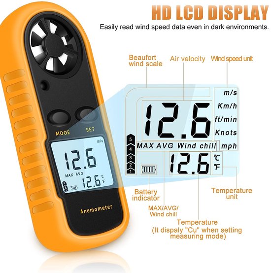 Openlucht digitale anemometer windsnelheid meter temperatuurmeter met LCD- display voor het meten van windsnelheid, temperatuur en wind chill