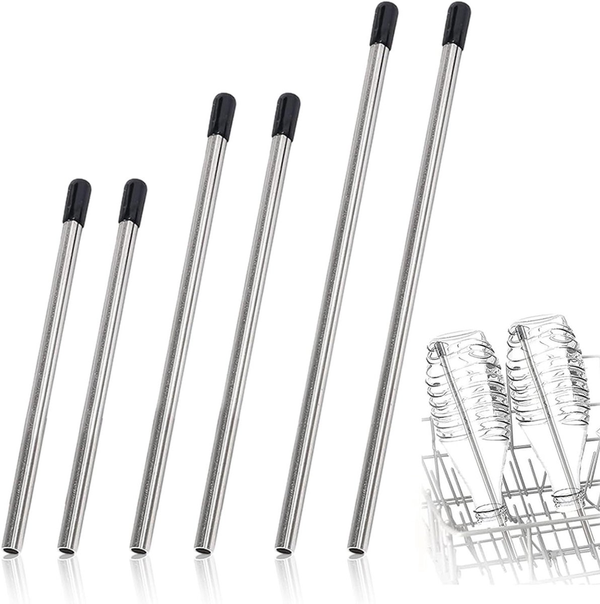 Allecto Plus - Vaatwasser-inzetstukken voor bierglazen en flessen - Universeel - Roestvrijstalen houder - Siliconen dop - 6 stuks - Verschillende lengtes (267 cm 182 cm 152 cm) - Vaatwasseraccessoires