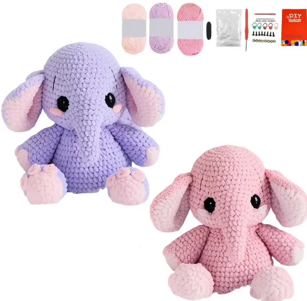 DIY Haakpakket Olifanten – Set van 2 Amigurumi Knuffels Roze en Paars Engelse instructies