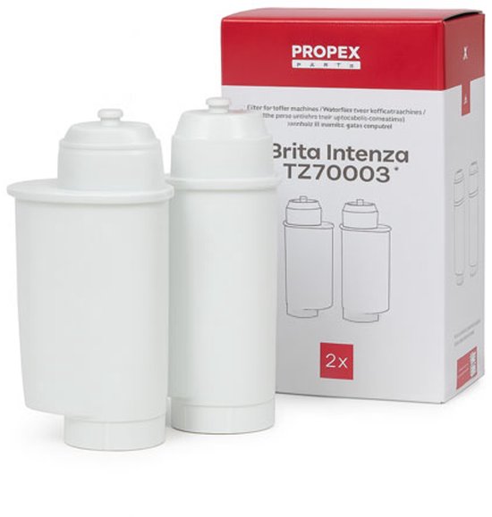 Twee witte Brita Intenza TZ70003 waterfilters met een Propex Parts doos met de tekst 'BRITA Intenza TZ70003' en '2 stuks'.