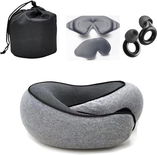 Reisdeken, luxe set, ergonomisch nekkussen voor vliegtuig, van 100% puur traagschuim en ultrazachte fleecedeken, premium 3D-slaapmasker en oordopjes