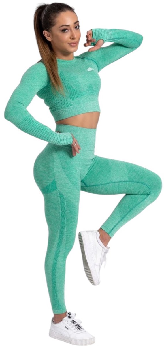 Mives® Sportlegging en Top - Yoga - Fitness set - Scrunch Butt - Dames Legging - Sportkleding - Fashion legging - Broeken - Gym Sports - Legging Fitness Wear - High Waist - GROEN - maat M - LANGE MOUW