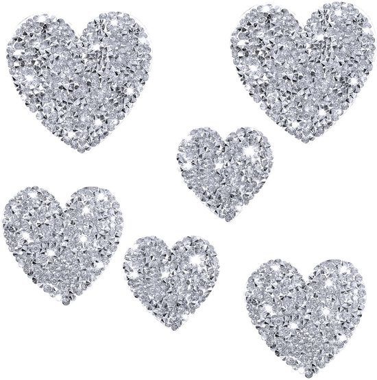 TRANKIELO® – Set van 6 Hartvormige Opstrijkpatches – Glitter Design met Strass Steentjes – Drie Verschillende Maten – Geschikt voor Kleding, Jeans, Schoenen, Hoeden