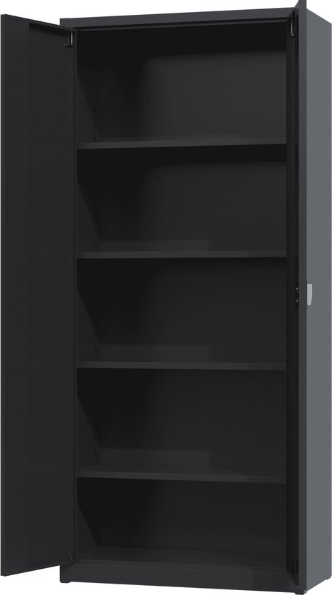 Zwarte metalen archiefkast met open deur en vijf legborden.