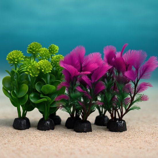 Groene en fuchsia aquariumplanten met verschillende texturen op een zandbodem.