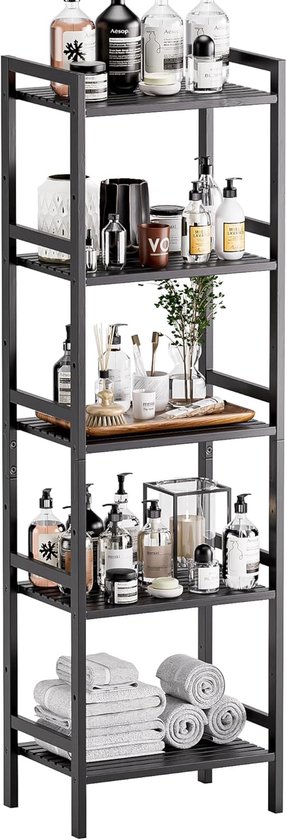 Retadou - Étagère en Bamboe noir, bibliothèque à 5 niveaux, étagère de salle de bain étroite avec étagères réglables, étagère de rangement peu encombrante pour salle de bain, salon et bureau à domicile