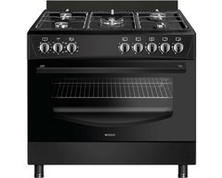 Wiggo WO‑E905R(BB) – Vrijstaand gasfornuis – 90 cm – 5 kookzones met wokbrander – 110L elektrische oven – Zwart – Elektrische vonkontsteking & vlambeveiliging – Energieklasse B – 5 jaar garantie
