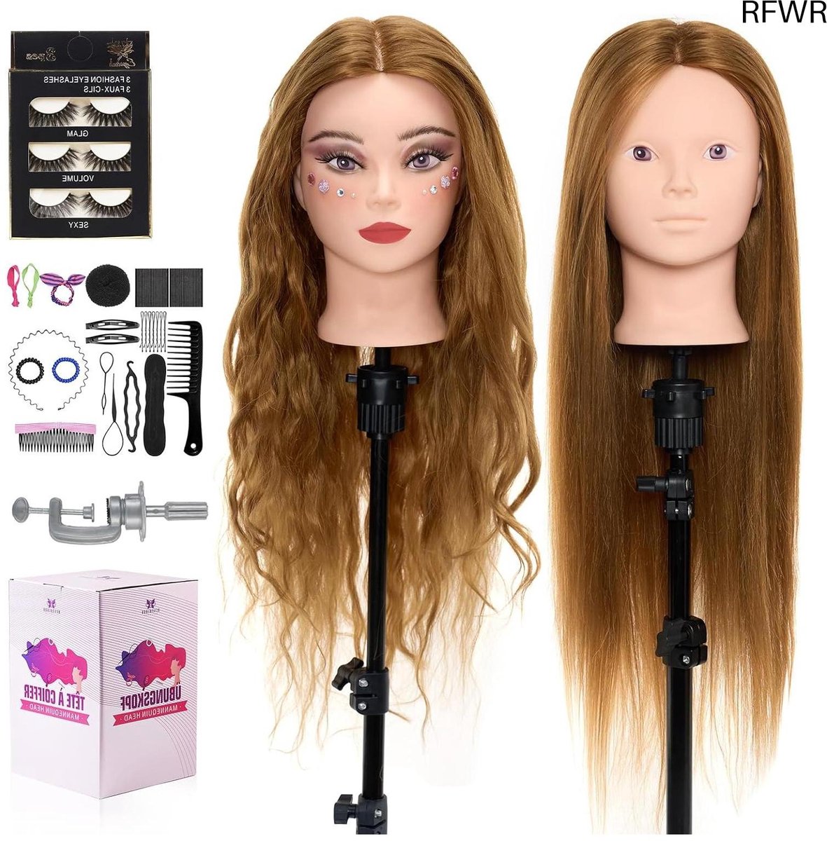 RFWR® Kappershoofd 71 cm met 60% echt haar - Trainingshoofd voor haarstyling en make-up