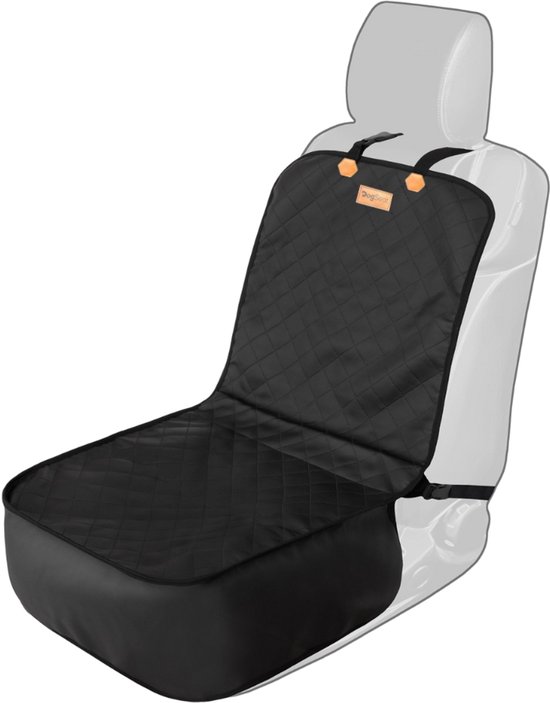 Zwarte, gewatteerde autostoelhoes, ontworpen om autostoelen te beschermen. Zichtbaar met oranje gespen.