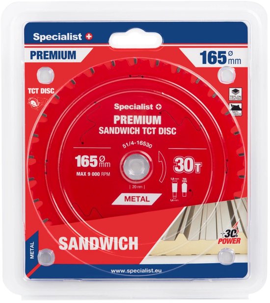 Lame de scie circulaire TCT pour panneaux sandwich et métaux fins | 165x30Tx20mm – PREMIUM