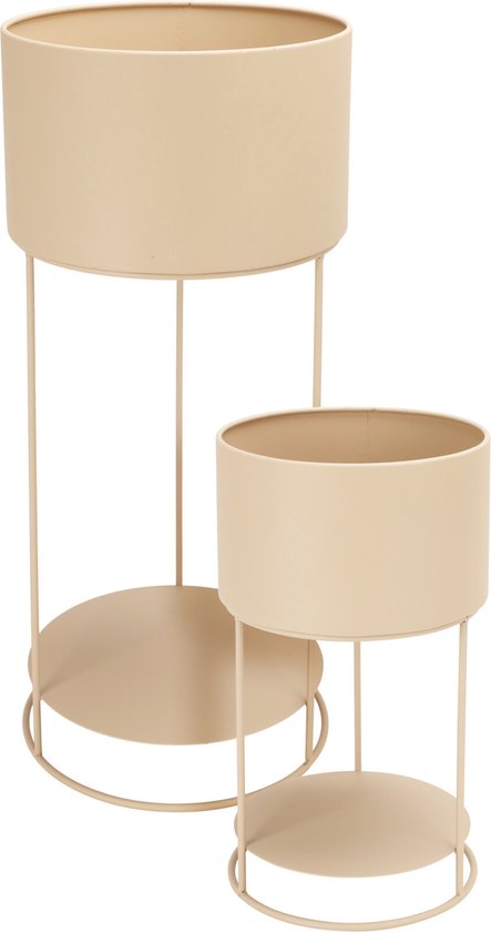 In & Out Deco Plantenstandaard - Bloemenstandaard met bloembak - Set van 2 - Zand kleur metaal - Hoog 35 en 57 cm